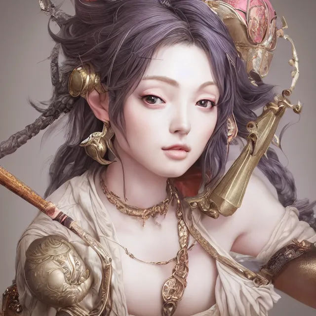 Image similar to studio portrait of neutral good colorful female cleric bard healer as absurdly beautiful, elegant, young sensual gravure idol, ultrafine hyperrealistic detailed face illustration by kim jung gi, irakli nadar, intricate linework, sharp focus, bright colors, matte, octopath traveler, final fantasy, unreal engine highly rendered, global illumination, radiant light, intricate environment