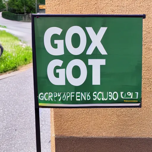 Prompt: a cardboard sign that says gxrch posted at a suburban street corner, photograph