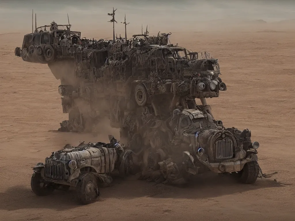 Image similar to popemobile in mad max: fury road (2016) photorealistic 8k promotional photo shot