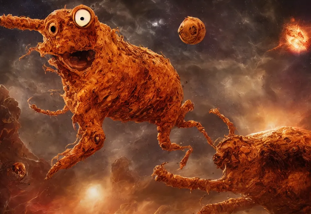 Image similar to eldritch horror bloody garfield in space, hd, 8 k, giant, epic, realistic photo, unreal engine, stars, prophecy, powerful, cinematic lighting, destroyed planet, debris, violent, sinister, ray tracing, dynamic, epic composition, dark, horrific, teeth, grotesque, monochrome drawing, hellscape, death, corpses, foreboding