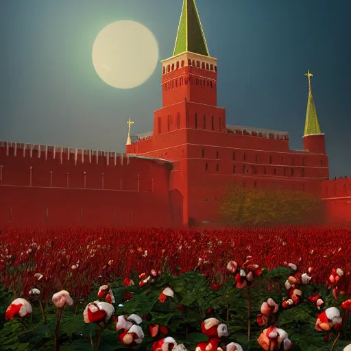 Image similar to a big explosion in the form of cotton plant in Red Square Kremlin, horrifying dynamic lighting, cinematic, extremely high detail, photo realistic, cinematic lighting, post processed, concept art, artstation, matte painting, unreal engine 8k