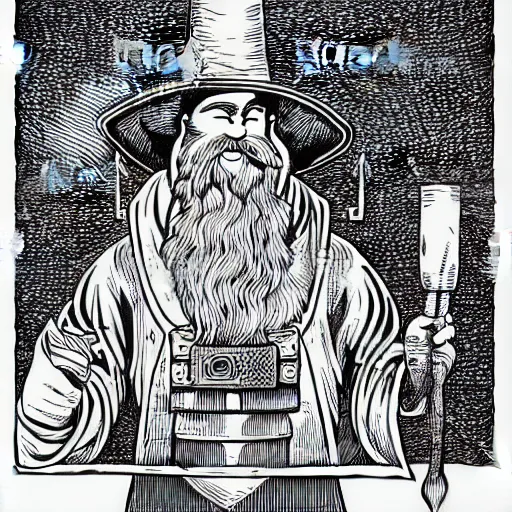 Image similar to wizard with beard, holding a bomb, dnd, high detail, fantasy, in the style of vintage antique illustration and line drawing, engraving, medieval line drawing