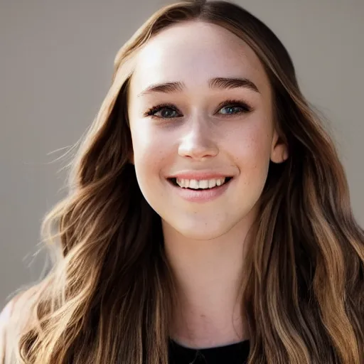 Prompt: a full body portrait of alycia debnam carey smiling while posing for photo, award winning photograph, HDR, natural lighting, shot on nikon z9, depth of field, f/1.8,