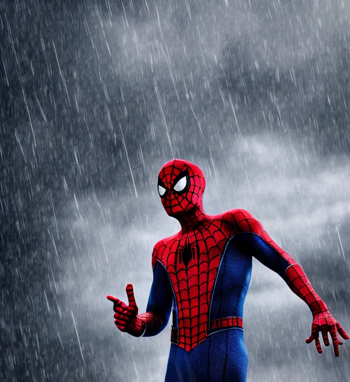 Image similar to cinematic of tobey maguire as spiderman, dramatic rain, 8 k