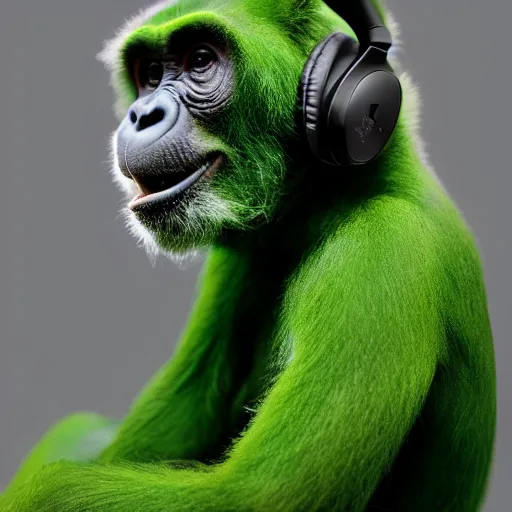 Image similar to a high quality photo of a green chimp wearing headphones, realism, 8k