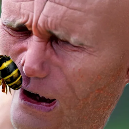 Prompt: a photo of a balded man arguing at a wasp, close up, photorealistic