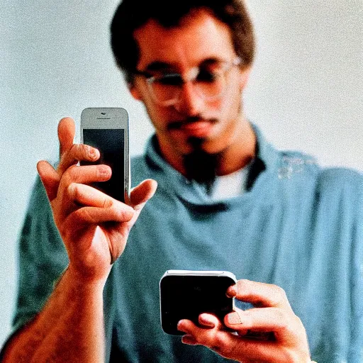 Image similar to a 1980's picture of a man holding an Iphone, Iphones in the 1980s, old photograph, advertisement for the Apple Iphone, 480p resolution