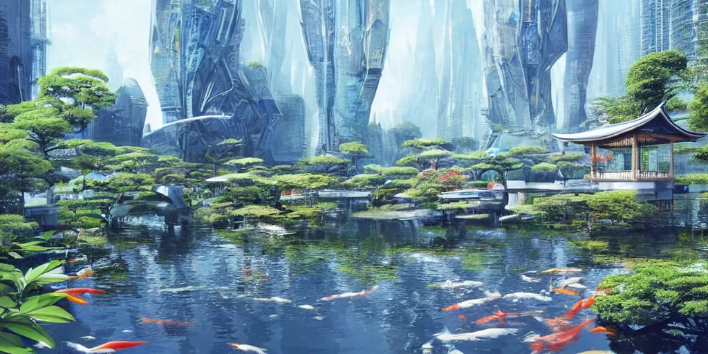 Prompt: bamboo garden with japanese gazebo with koi pond in the middle of a futuristic megacity, sci-fi, matte painting, concept art, style by dylan cole and yuumei