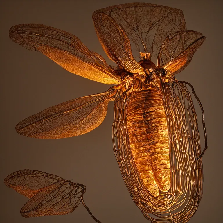 Prompt: hyperrealistic sculpture of a bronze fossilized cicada moth in a large cage made of orange nylon wire and beeswax on a pedestal by ron mueck and duane hanson and lee bontecou, hyperrealistic dramatic colored lighting trending on artstation 8 k