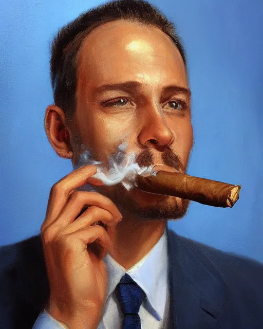 Image similar to Hyper realistic oil portrait of a man in his thirties smoking a cigar, dressed in a blue suit, by Mosh Art, trending on artstation