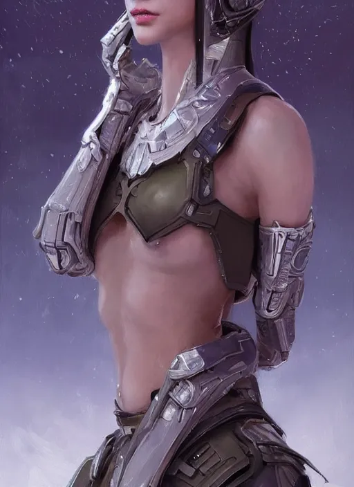 Image similar to a professional painting of a beautiful young female alien, clothed in ethereal armor, olive skin, long dark hair, beautiful bone structure, symmetrical facial features, intricate, elegant, digital painting, concept art, smooth, sharp focus, illustration, from Valerian and the City of a Thousand Planets, by Ruan Jia and Mandy Jurgens and Artgerm and William-Adolphe Bouguerea