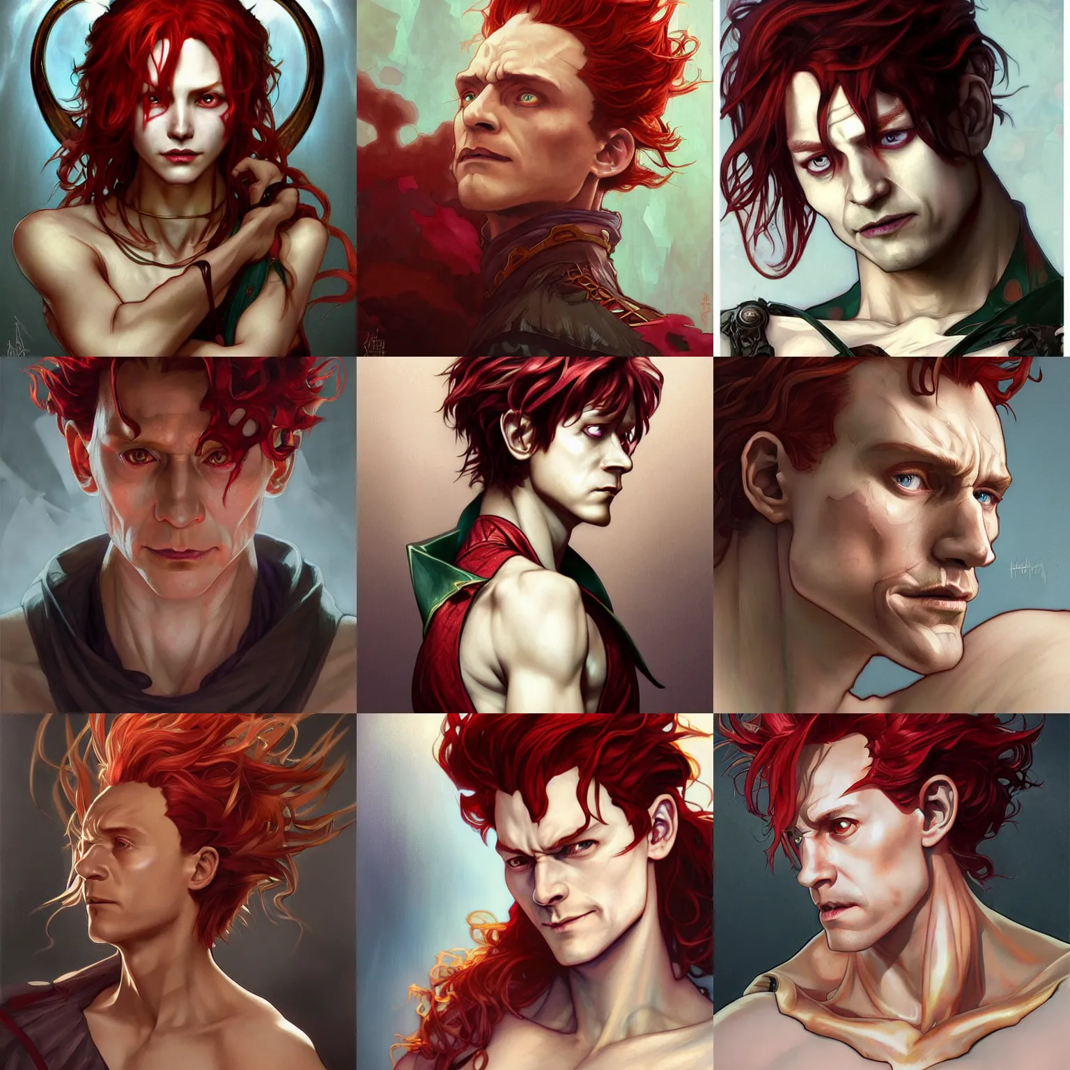 Prompt: hisoka, tom hiddleston, art by artgerm and greg rutkowski and alphonse mucha, reddish hair, sly expression, metal neck rings, d & d, fantasy, portrait, highly detailed, digital painting, trending on artstation, concept art, sharp focus, illustration