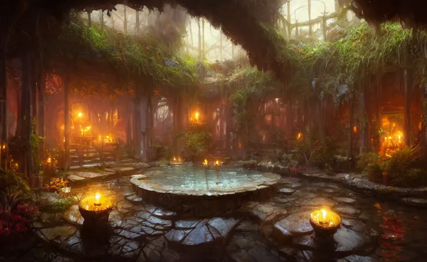 Image similar to painting of an interior of a hot spring with candles, fantasy, lush plants and flowers, natural light, concept art, by greg rutkowski and craig mullins, cozy atmospheric and cinematic lighting, trending on artstation