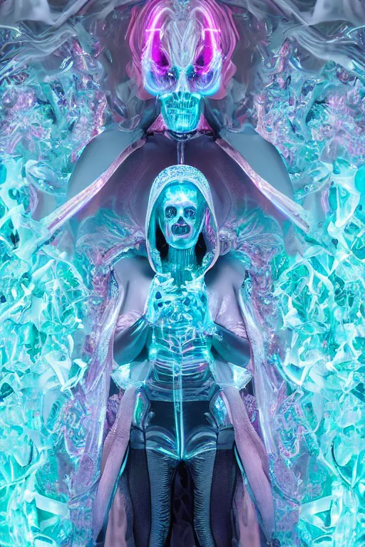 Prompt: hyper detailed ultra sharp photo of baroque and bladerunner neon crystalline sculpture of seductive muscular ghost kit butler dotado albino pink iridescent humanoid deity wearing blue holographic hooded cloak sim camisa holding an glass skull in a onyx dungeon, reclining, glowing magenta face, crown of white diamonds, cinematic lighting, photorealistic, octane render 8 k depth of field 3 d