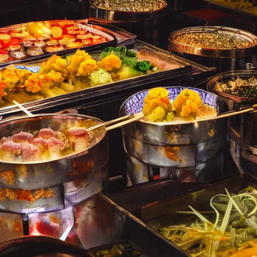 Prompt: very appetizing Japanese street food, food photography, street lights, 8k UHD