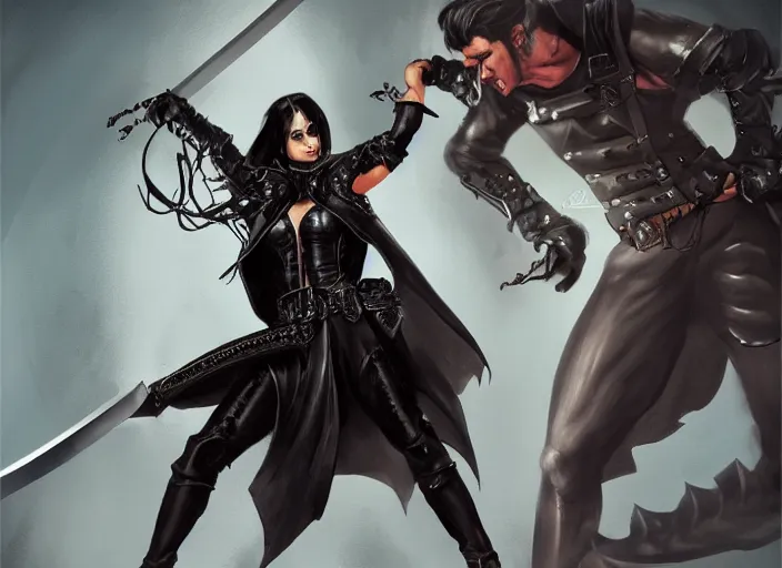 Prompt: an action photo of a black haired woman in a black leather jacket in a swordfight, muscular upper body, abs, d & d, fantasy, intricate, elegant, highly detailed, digital painting, artstation, concept art, smooth, sharp focus, illustration, art by simon bisley