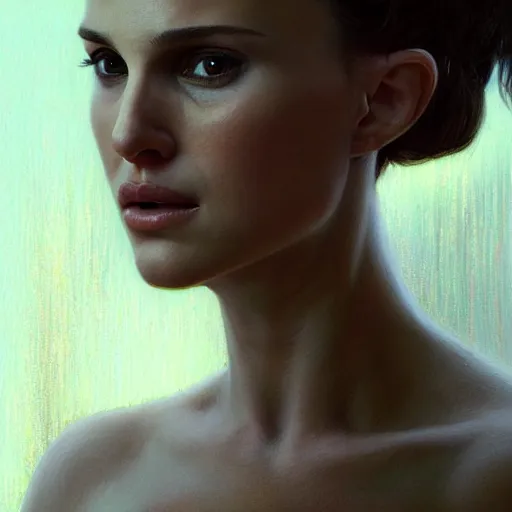 Image similar to a expressive portrait of natalie portman in dramatic lighting, depth of field background, artstation, award - winning realistic sci - fi concept art by jim burns and greg rutkowski, beksinski, a realism masterpiece, expressive color palette, james gilleard, bruegel, alphonse mucha, and yoshitaka amano