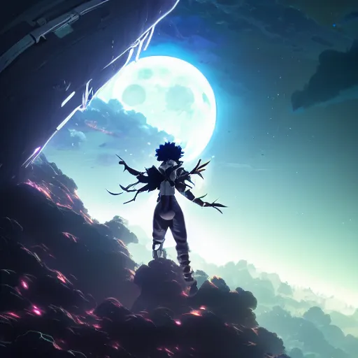 Image similar to moonwalker, like genji up in the clouds, filthy as charge, anime, retro punk, moonscape of the fifth dimensional rift into alt punk, by hayao miyazaki and rossdraws and artgerm and greg rutkowski and studio trigger, high quality, stunning, intricate detailed environment. 8 k