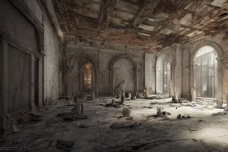 Prompt: inside a an abandoned marble sculpture workshop from the 1 8 0 0 s found in italy, artgerm, yoshitaka amano, gothic interior, 8 k, octane render, unreal engine