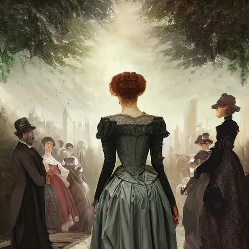 Prompt: portrait of a victorian lady within a crowd of people in a futuristic city, from behind, streets, angels in the sky, trees, beautiful, solarpunk!!!, highly detailed, digital painting