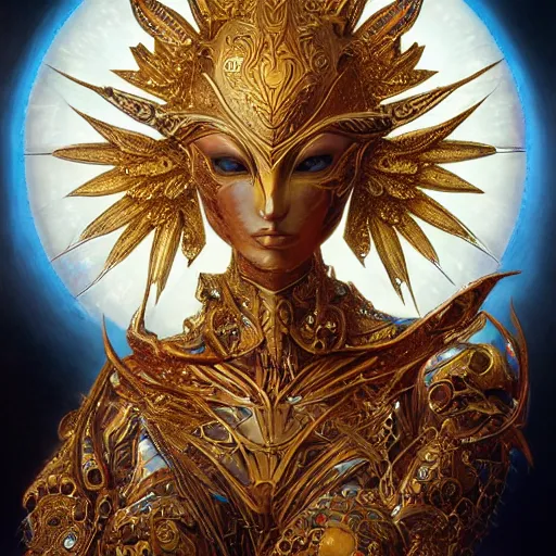 Image similar to a beautiful symmetrical body wearing an armor made of golden ornaments and gems by alex gray and android jones , Karol Bak, Ayami Kojima, Amano , 3D, 8k resolution