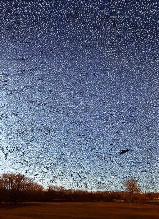 Image similar to a giant in the distance, a murmuration in the sky as a solar eclipse happens