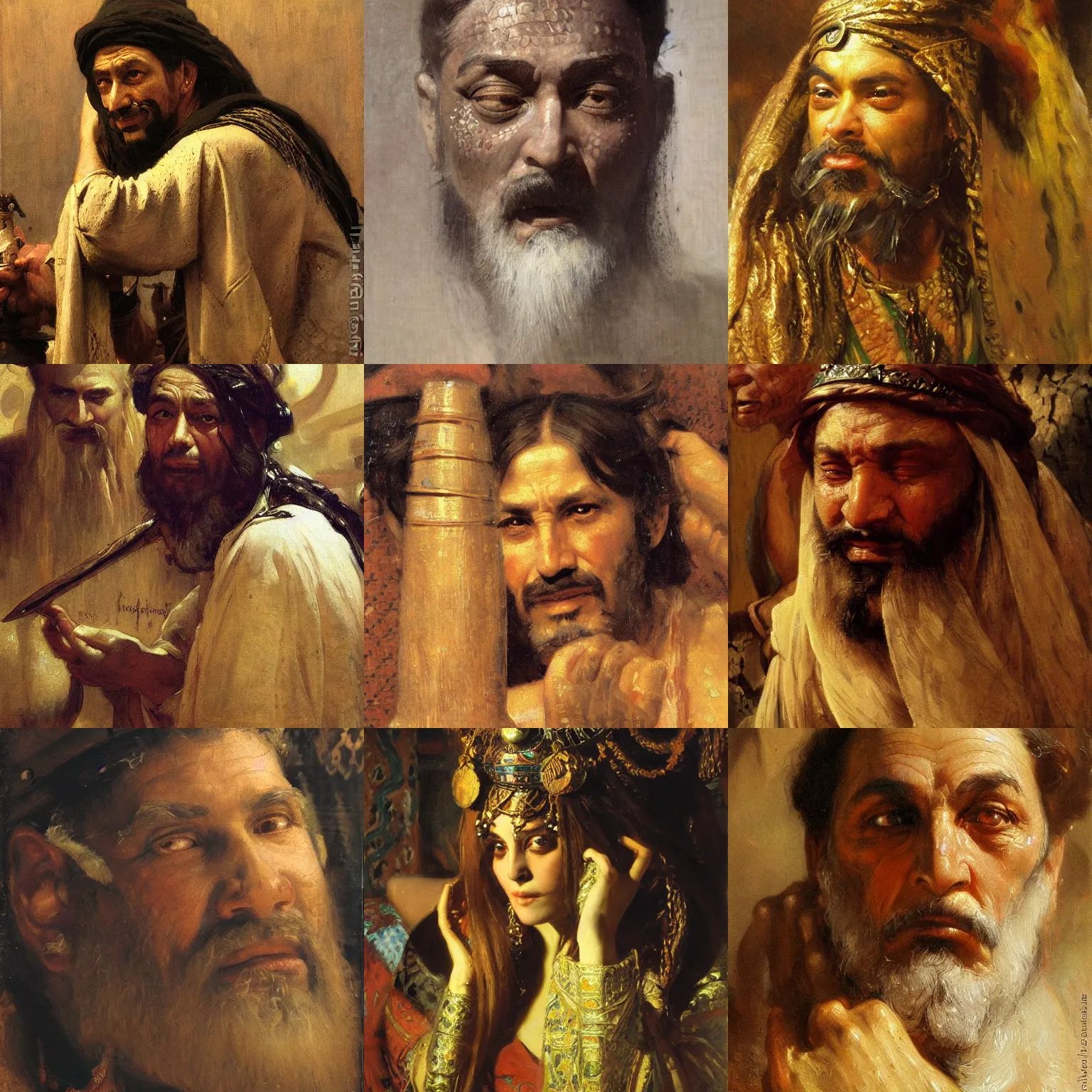 Prompt: orientalism painting of a suspicious alchemist face detail by theodore ralli and nasreddine dinet and anders zorn and nikolay makovsky and edwin longsden long, bronze age, sword and sorcery, oil on canvas, masterful intricate artwork, excellent lighting, high detail 8 k