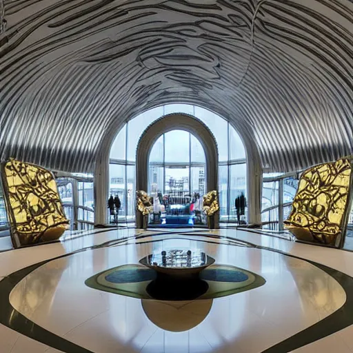 Image similar to extremely detailed ornate stunning beautiful elegant futuristic museum lobby interior by Zaha Hadid