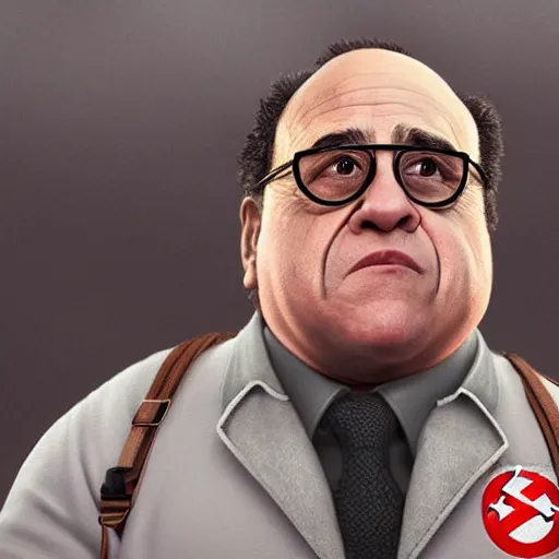 Image similar to hyperrealistic danny devito wearing ghostbusters outfit, stunning 3 d render inspired art by xiang duan and thomas eakes, perfect facial symmetry, hyper realistic texture, intricate, photorealistic, highly detailed attributes and atmosphere, dim volumetric cinematic lighting, 8 k octane detailed render, trending on artstation, masterpiece,