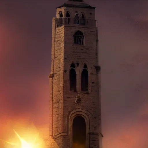 Prompt: A terrified catholic priest in his twenties fervently praying at the top of a medieval tower. He is looking horrified as a yellow shadow descends upon him from the night sky. Dramatic lighting. Award-winning digital art, trending on ArtStation