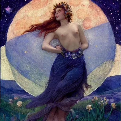 Image similar to queen of the moon with stars in her hair, by annie swynnerton and tino rodriguez and nicholas roerich and lucien freud and jean delville and charlie bowater, dramatic lighting, floral tattoos, rich colors, smooth sharp focus, extremely detailed, adolf wolfli