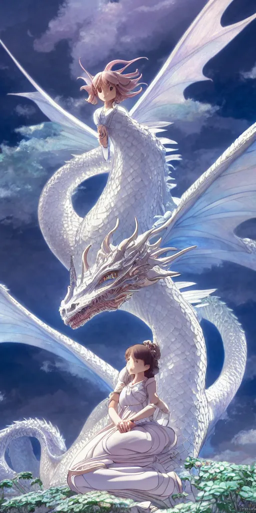 Image similar to the beautiful hyper detailed scene render that a beautiful princess sitting on the back of a huge silver white dragon alone in the fairyland surrounded by white clouds, finely detailed angelic face delicate features, style of studio ghibli, makoto shinkai, raphael lacoste, louis comfort tiffany, artgerm, james jean, ross tran, animation style, hd, ultra wide angle