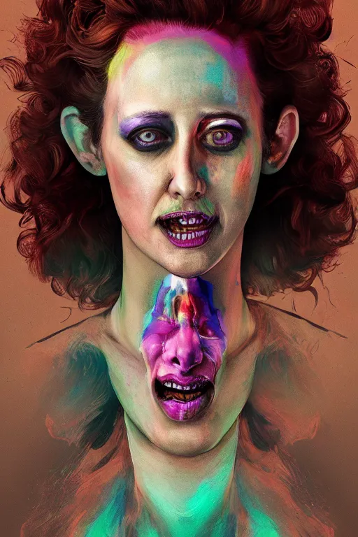 Image similar to hyperdetailed portrait of kristen schaal as delirium of the endless, colourful make up, the sandman, made by caravaggio stanley artgerm lau wlop rossdraws artstation cgsociety concept art cgsociety octane render