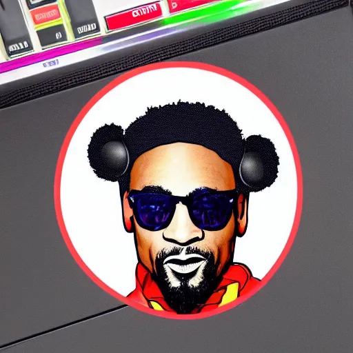 Image similar to svg sticker of a Dancing-Ben-Harper-Snoop-Spike-Lee-with-a-large-Afro-Puff, at a rave, spinning records, giant headphones rocking out, wearing headphones, huge speakers, dancing, rave, DJ, spinning records, digital art, amazing composition, rule-of-thirds, award-winning, trending on artstation, featured on deviantart