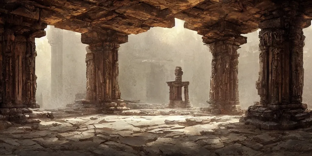 Image similar to ancient temple, pillars, tomb raidar, indiana jones, altar, traps, from inside a temple, temple run, painted by greg rutkowski