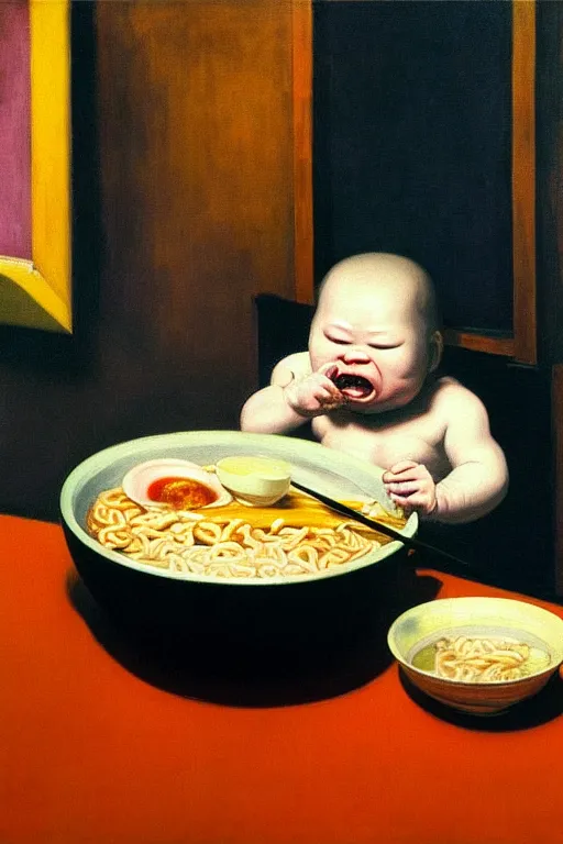 Image similar to evil human giant baby eating a huge bowl of ramen in new york city, traditional chinese restaurant, hauntingly surreal, highly detailed painting by francis bacon, edward hopper, adrian ghenie, gerhard richter, and james jean soft light 4 k,