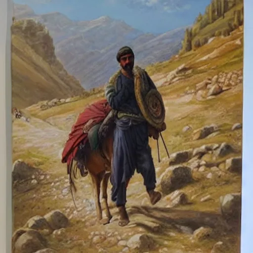 Image similar to kurdish kolbar man walking up a mountain carrying lots of goods on his back, beautiful painting by henry justice ford, incredible detail, award winning art