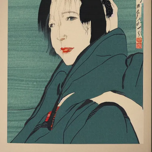 Image similar to cate blanchett in the style of japanese wood print