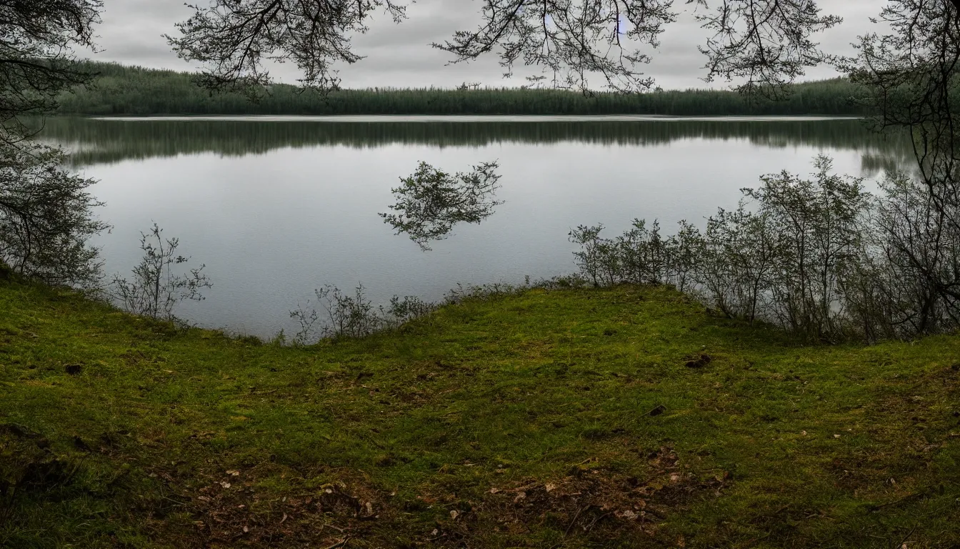 Prompt: eastern european, small lake view from grassy hill, shore, nature, atmospheric, scary, claustrophobic, ambient vibe, very detailed, high resolution, 8 k