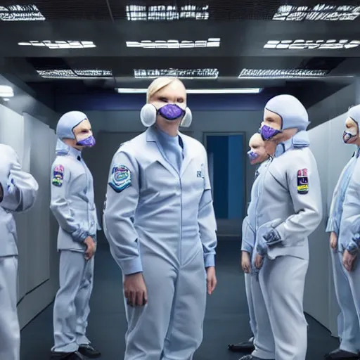 Image similar to troop jack black clones with white bob hairdos, tight light blue and lavender neopren suits, standing next to tall scientist looking at a clipboard, futuristic cloning facility, sci - fi, highly detailed, cinematic