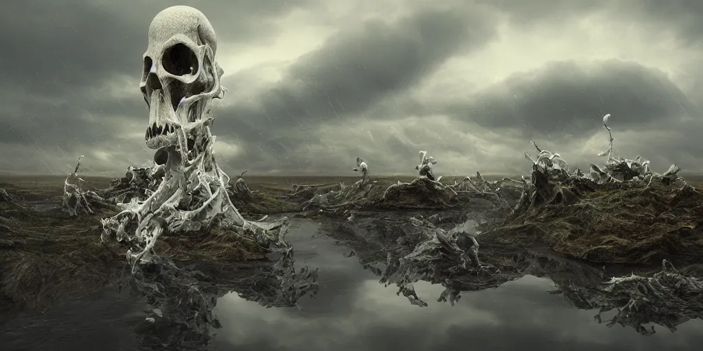 Prompt: photorealistic strange sculpture made of white bird skulls, by katrina van grouw and bruce mahalski. an epic landscape, with ominous storm clouds, a gentle rising mist. occult photorealism, uhd, amazing depth, glowing, golden ratio, 3 d octane cycle unreal engine 5, volumetric lighting, cinematic lighting, cgstation artstation concept art