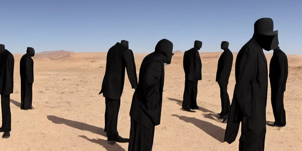 Prompt: faceless men in black stepping out of a magical portal in the desert