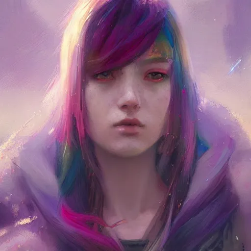 Prompt: girl with rainbow hair wearing futuristic space armor, official art, by jeremy lipking, by charlie bowater, photorealistic expressive oil painting, anime style, cgsociety, digital art