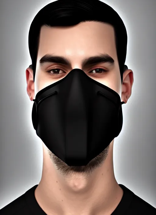 Image similar to handsome young man with black medical mask, half body shot, path traced, highly detailed, high quality, digital painting, by daniel sprick