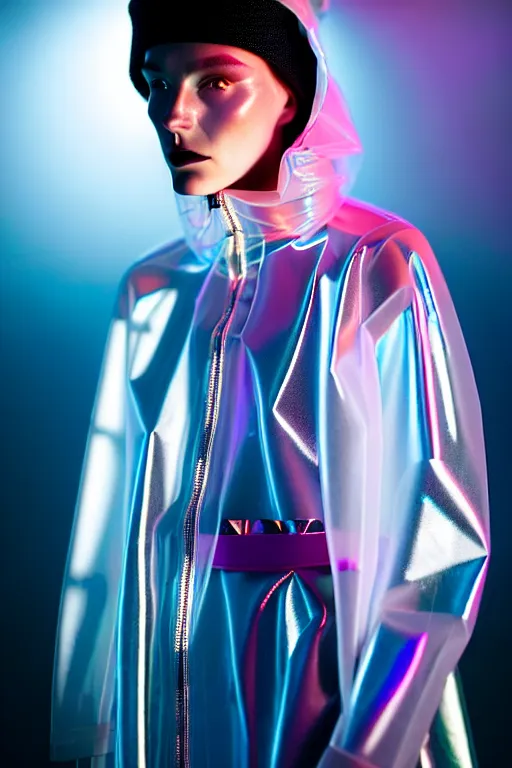 Image similar to an ultra high definition professional high fashion portrait studio full length photograph of a model wearing a transparent pearlescent raincoat and neon visor in an icelandic black rock environment at dawn. no artefacts. extremely detailed. stark. refraction. shallow depth of field. volumetric light and shadow. ray tracing. light rays.