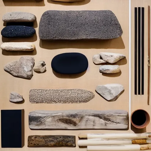 Prompt: “extravagant luxury mountain home architectural materials flatlay, stone, tatami, straw, bamboo, rock, pebbles, pale Japanese natural palette, modern rustic”