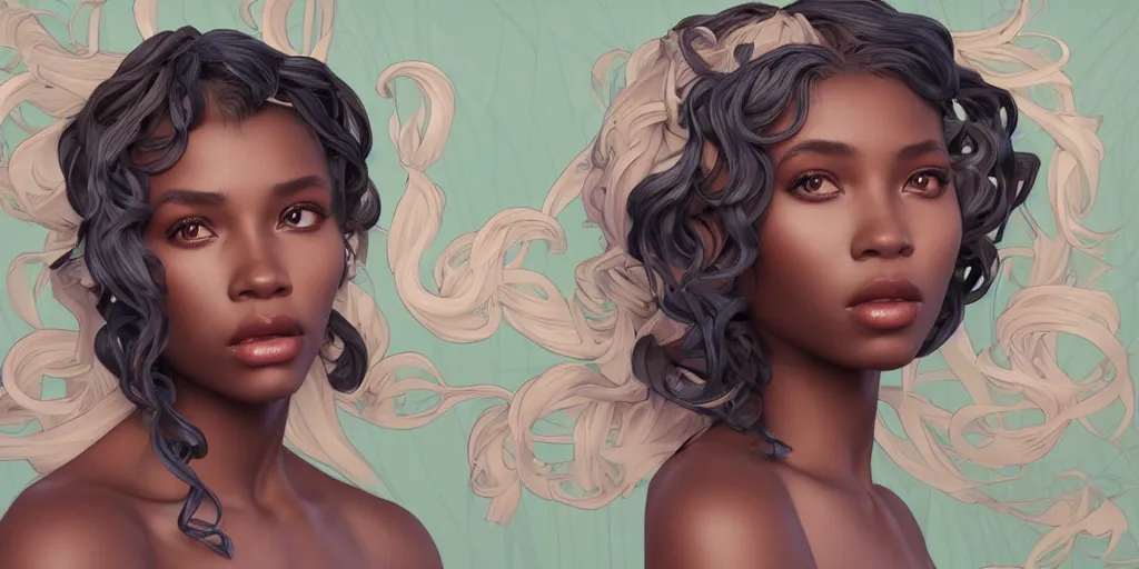 Image similar to beautiful black woman with gorgeous pastel balayage hairstyle, as seen on artgerm, octane render, in the style of alphonse mucha, ultra realistic, highly detailed, 8 k