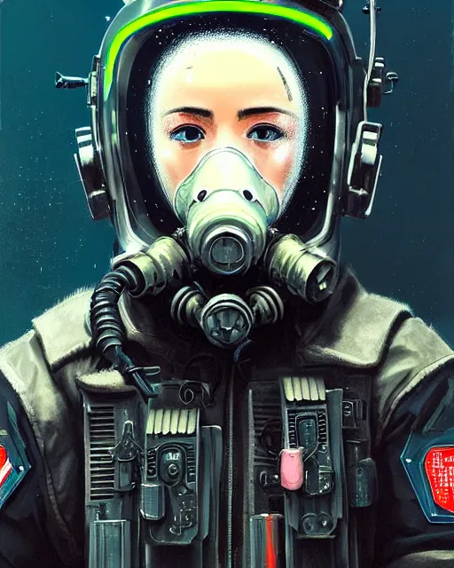 Image similar to detailed portrait neon female swat officer flying a jet, cyberpunk futuristic, neon, gas mask, reflective puffy coat, decorated with traditional japanese by ismail inceoglu dragan bibin hans thoma greg rutkowski alexandros pyromallis nekro rene margitte, fire & smoke, illustrated, perfect face, fine details, realistic shaded, fine - face, pretty face