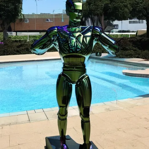 Image similar to a realistic detailed photo of a guy who is an attractive humanoid who is half robot and half humanoid, who is a male android, wrestler bo nickal, shiny skin, posing like a statue, blank stare, by the pool, on display, showing off his muscles, humanoid robot, frozen ice statue