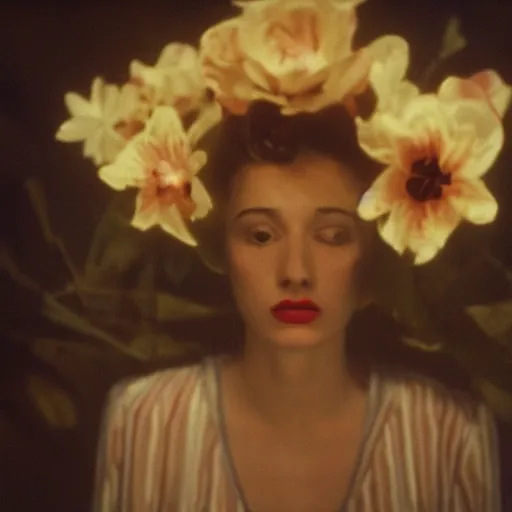 Prompt: movie still of the girl with the flowers head, cinematic composition, cinematic light, by david lynch, surrealist art